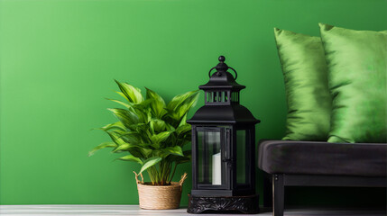 Black metal lantern with candle and green plant in wicker pot by the black sofa with green pillows on green background, home interior