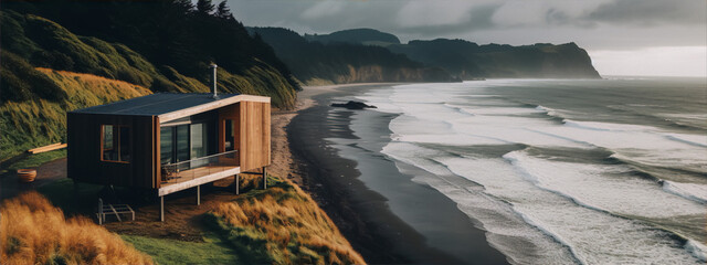 Beach,house,on,the,edge,of,a,cliff,with,stormy,sea,in,the,background