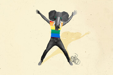 Creative photo image young standing headless man elephant face raise hands tolerance flag shirt...