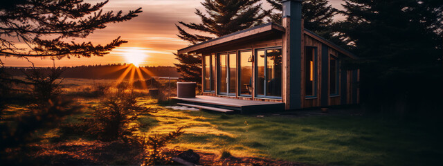 A,wooden,cabin,in,the,middle,of,a,field,at,sunset,with,large,glass,windows,reflecting,the,sky.