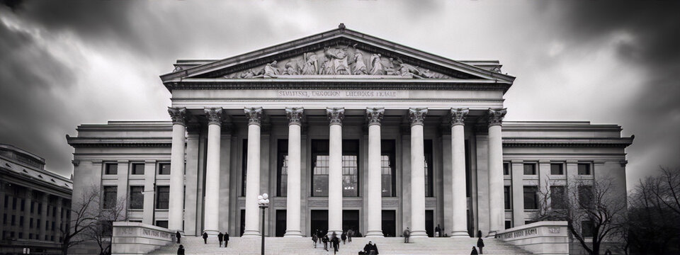 Black and white photo of a classical building with people walking up the steps