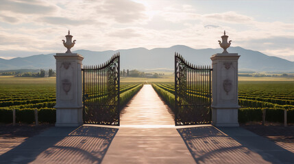 Wrought iron gates open to a long path through a lush vineyard with mountains in the distance