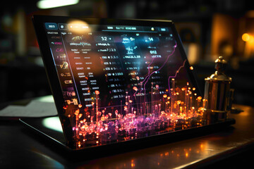 Close-up of a futuristic tablet displaying live stock prices with a holographic overlay of trend predictions.