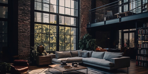 Industrial living room interior design with brick walls, large windows, and modern furniture in gray and brown colors