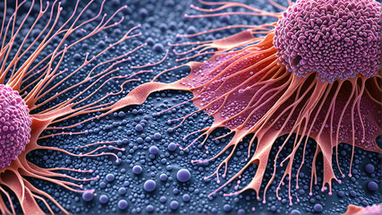 Migrating and spreading cancerous cell into organic tissue - obrazy, fototapety, plakaty