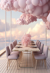Pink pastel surreal floating cloudscape table setting - obrazy, fototapety, plakaty