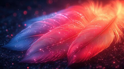 Vibrant neon feathers with glowing tips on a dark background. - obrazy, fototapety, plakaty