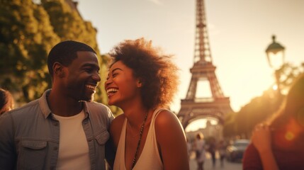 Happy cheerful couple walks through of Paris, against backdrop of the Eiffel Tower at sunset. Tourists, Europe, Travel. A horizontal banner with copy space. The Layout Of The Postcard, Cover, Poster. - obrazy, fototapety, plakaty