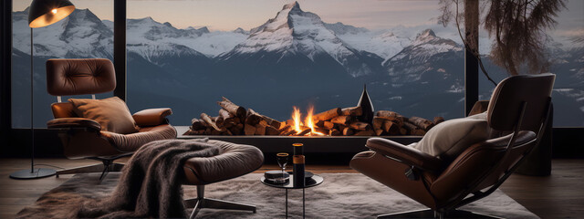 Two brown leather armchairs with fur blankets in a modern house with a fireplace and a view of snow-capped mountains. - obrazy, fototapety, plakaty