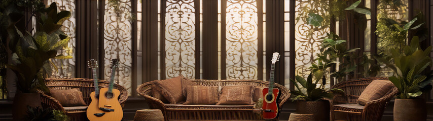 Two acoustic guitars in a living room with plants and sunlight - obrazy, fototapety, plakaty