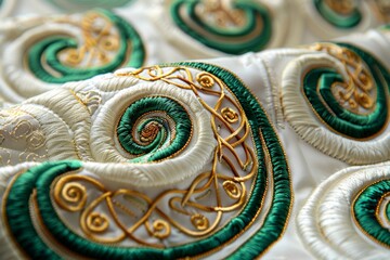 Evocative of ancient Celtic traditions, this embroidery intertwines gold and green - obrazy, fototapety, plakaty
