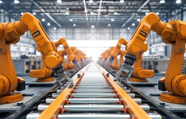 Automated Industrial Robots on Manufacturing Assembly Line - obrazy, fototapety, plakaty