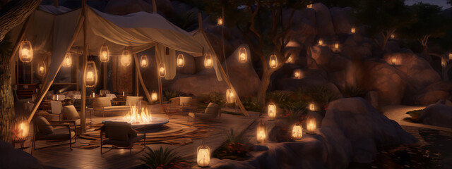 A beautiful oasis in the middle of the desert with a luxurious tent and a campfire under the stars.