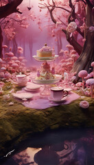 Whimsical pink surreal forest landscape with a pink pond, oversized pink desserts, and pink flowers.