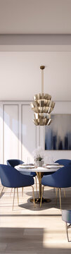 Blue velvet chairs and gold luxury chandelier in modern dining room interior