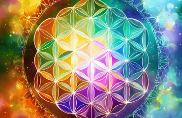 Colorful hand drawn Flower of life - AI generated - obrazy, fototapety, plakaty
