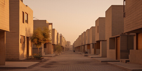 A row of identical, small, concrete houses with small windows and doors bathed in warm sunlight.