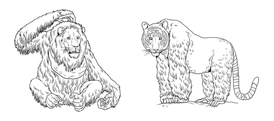 Coloring page with the animals mutants. Coloring book with fantasy creatures. © Lunstream