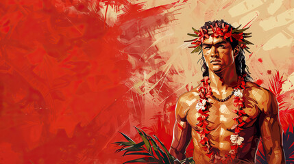 Fototapeta premium man in hawaiian lei flower necklace and headpiece with palm leaf on red background in grunge style with copy space.