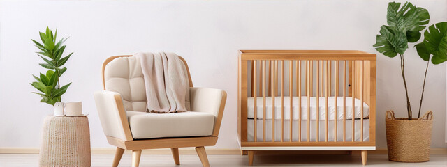 Minimalist nursery with a wooden crib and armchair in a modern home interior with plants - obrazy, fototapety, plakaty