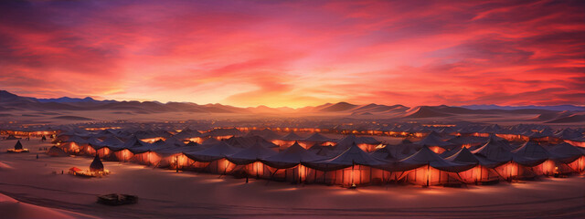 A desert camp with many tents under a red sunset sky.