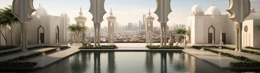 Luxury arabic courtyard with pool and dubai downtown - obrazy, fototapety, plakaty
