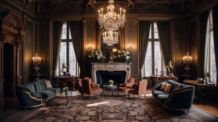 Fototapeta premium Ornate and opulent drawing room with dark wood paneling, crystal chandelier, marble fireplace and plush seating in red and green.