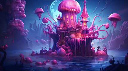 Fantasy landscape with a jellyfish-like castle on a lake surrounded by bio-luminescent mushrooms. - obrazy, fototapety, plakaty