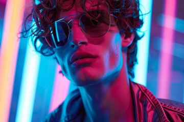 The fashionable man with fashion sunglasses short curly hair forward architect, lively, and construction coral futuristic landscape of neon lights, expressing the spirit of the digital age.