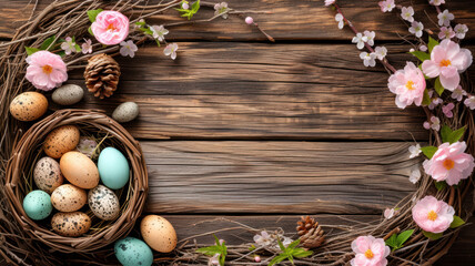 Speckled Easter eggs in a nest on a shabby wooden background with copy space.
