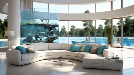 Sleek living room with stunning wall aquarium as standout aquatic architectural element