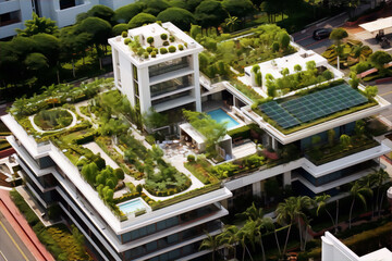 Green oasis in the middle of the city, harmony of nature and modern architecture
