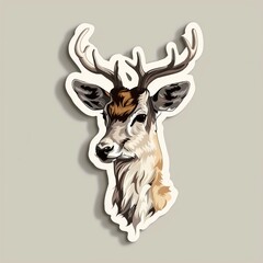 Animal sticker. Majestic deer with large antlers in close-up portrait. Its noble nature shines through soulful eyes. 