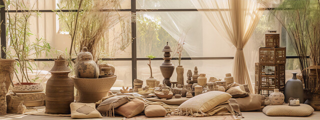 Still life photography of a variety of mostly ceramic objects and pillows in warm colors with a large window in the background.