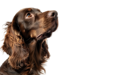 Cute, happy dog headshot smiling on a bright, PNG file of isolated cutout object on transparent background.