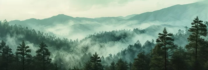 Fotobehang Misty Mountain Landscape at Sunrise Panorama © evening_tao