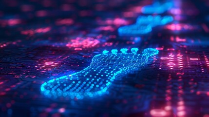Cybersecurity digital footprints made of binary code, highlighting the importance of cybersecurity and protecting one's digital footprint from unauthorized access and exploitation.