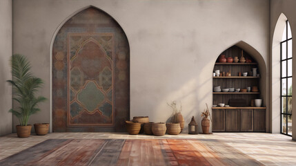 arabic style living room interior with rugs, plants and arched niches in warm colors - obrazy, fototapety, plakaty