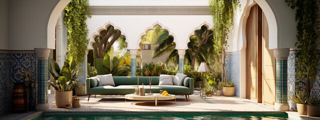3D rendering of a Moroccan courtyard with a swimming pool, green sofa, and palm trees in the background