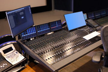 Modern recording studio with special equipment - many equalizers and displays