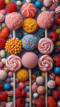 Colorful candies arranged in rows show variety and sweetness ideal for advertising confectionery products