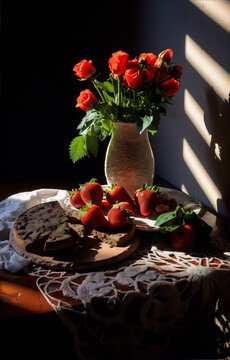 Still life photography of a bouquet of red roses in a white vase, a chocolate cake, and strawberries on a wooden table.