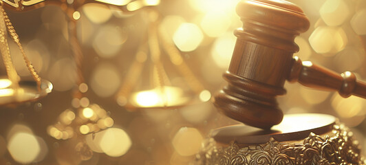Justice Illuminated. Gavel and Scales Under Soft Golden Lights