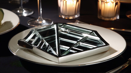 A mirrored geometric diamond-shaped box sits on a white plate on a black tablecloth.