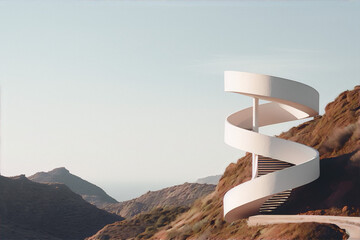 White spiral staircase on a rocky hilltop with a mountainous landscape and ocean in the background - obrazy, fototapety, plakaty