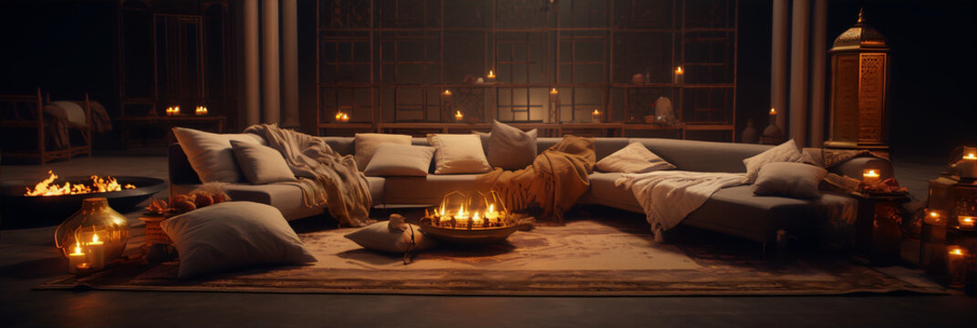 A dimly lit living room with a sofa, pillows, and candles in the foreground and a fireplace and Moroccan-style lantern in the background.