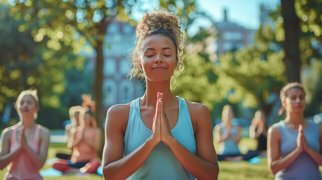 Diverse group of people doing outdoor yoga in an urban park, advocating for accessible and inclusive wellness activities, Community yoga for all concept