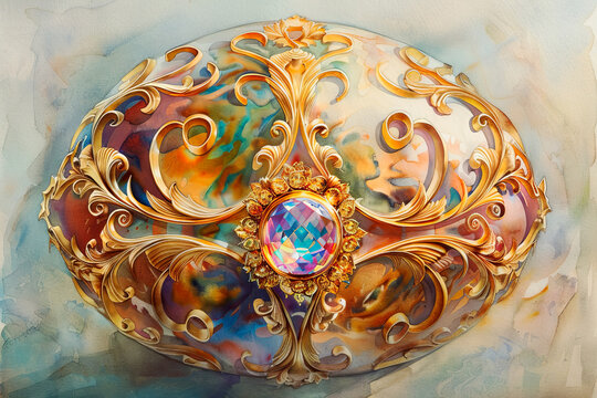 Watercolor painting of an ornate Faberge egg, gold and jewel tone colors, detailed