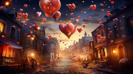 A beautiful digital painting of a street in a European city with red and pink heart-shaped balloons floating up into the sky. - obrazy, fototapety, plakaty