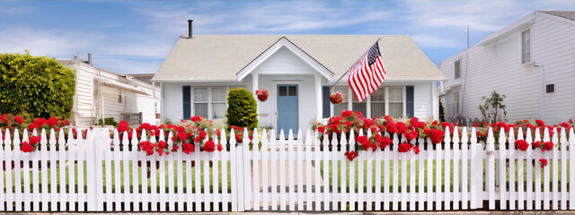 White picket fence with red flowers, houses behind.